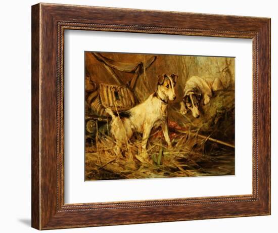 Two Smooth-Haired Fox Terriers by a Fishing Rod and a Creel on a Riverbank-Philip Eustace Stretton-Framed Giclee Print