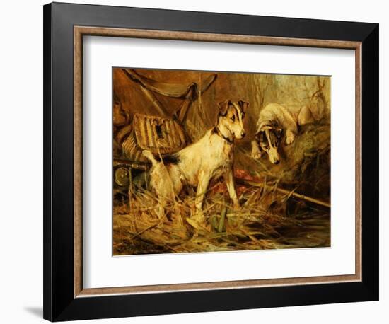 Two Smooth-Haired Fox Terriers by a Fishing Rod and a Creel on a Riverbank-Philip Eustace Stretton-Framed Giclee Print