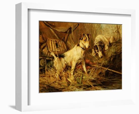 Two Smooth-Haired Fox Terriers by a Fishing Rod and a Creel on a Riverbank-Philip Eustace Stretton-Framed Giclee Print