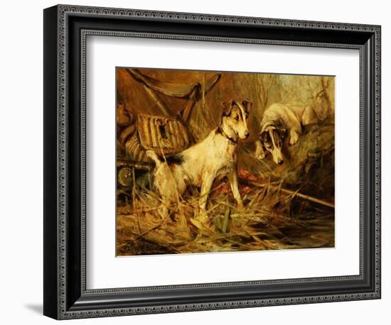 Two Smooth-Haired Fox Terriers by a Fishing Rod and a Creel on a Riverbank-Philip Eustace Stretton-Framed Giclee Print