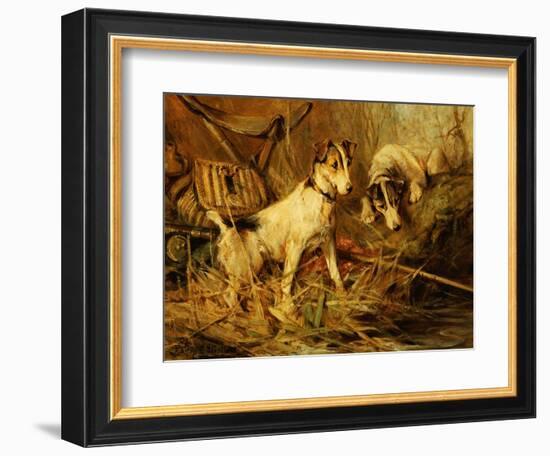 Two Smooth-Haired Fox Terriers by a Fishing Rod and a Creel on a Riverbank-Philip Eustace Stretton-Framed Giclee Print