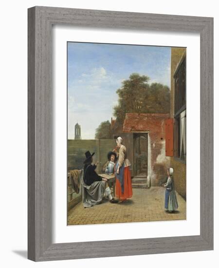 Two Soldiers and a Woman Drinking in a Courtyard-Pieter de Hooch-Framed Giclee Print