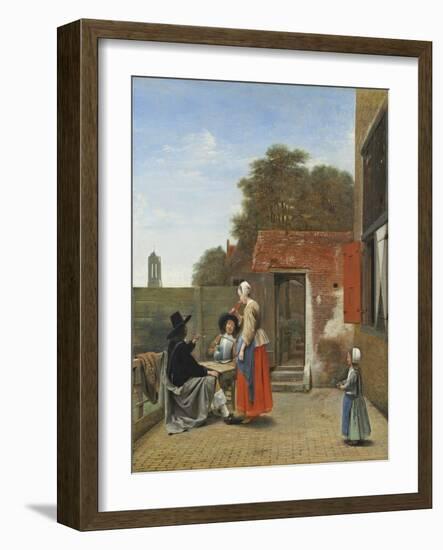 Two Soldiers and a Woman Drinking in a Courtyard-Pieter de Hooch-Framed Giclee Print