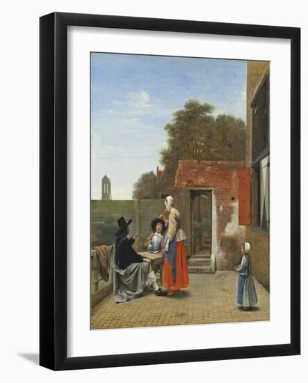 Two Soldiers and a Woman Drinking in a Courtyard-Pieter de Hooch-Framed Giclee Print