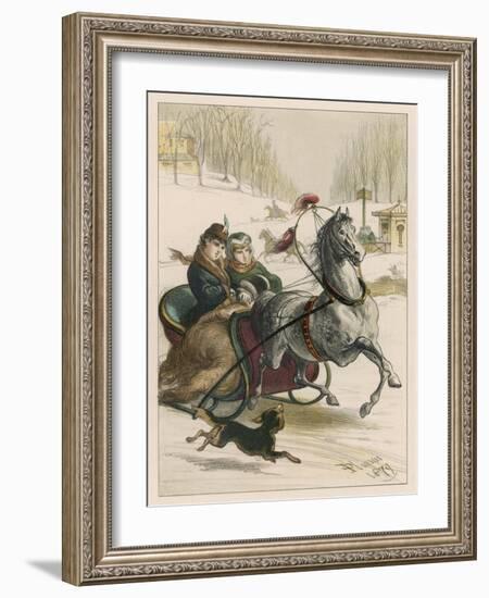 Two Spanish Ladies Go for a Sleigh Ride Accompanied by Their Dog-D. Eusebio Planas-Framed Art Print