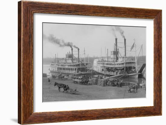 Two Steamboats Along the Levee at the Mississippi River-null-Framed Premium Giclee Print