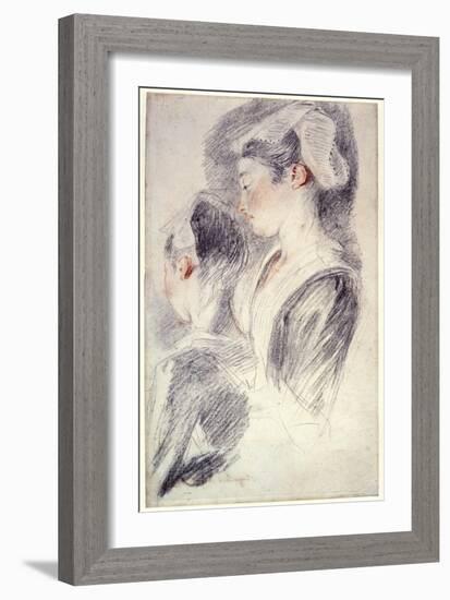 Two Studies of a Young Woman's Head, 1716-18-Jean-Antoine Watteau-Framed Giclee Print