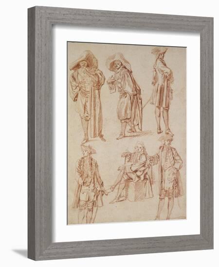 Two Studies of the Doctor in the Italian Comedy and Four Officers, Three Standing, One Seated-Jean Antoine Watteau-Framed Giclee Print