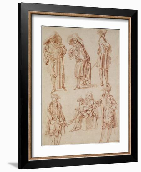 Two Studies of the Doctor in the Italian Comedy and Four Officers, Three Standing, One Seated-Jean Antoine Watteau-Framed Giclee Print