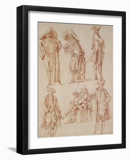 Two Studies of the Doctor in the Italian Comedy and Four Officers, Three Standing, One Seated-Jean Antoine Watteau-Framed Giclee Print