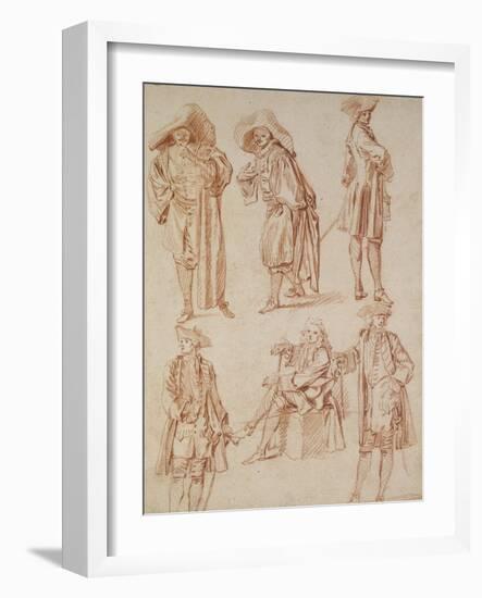 Two Studies of the Doctor in the Italian Comedy and Four Officers, Three Standing, One Seated-Jean Antoine Watteau-Framed Giclee Print