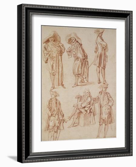 Two Studies of the Doctor in the Italian Comedy and Four Officers, Three Standing, One Seated-Jean Antoine Watteau-Framed Giclee Print