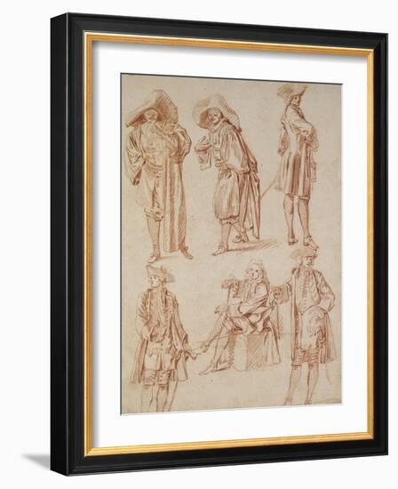 Two Studies of the Doctor in the Italian Comedy and Four Officers, Three Standing, One Seated-Jean Antoine Watteau-Framed Giclee Print