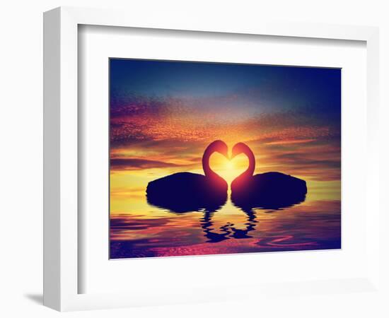 Two Swans Making a Heart Shape at Sunset. Valentine's Day Romantic Concept-Michal Bednarek-Framed Photographic Print