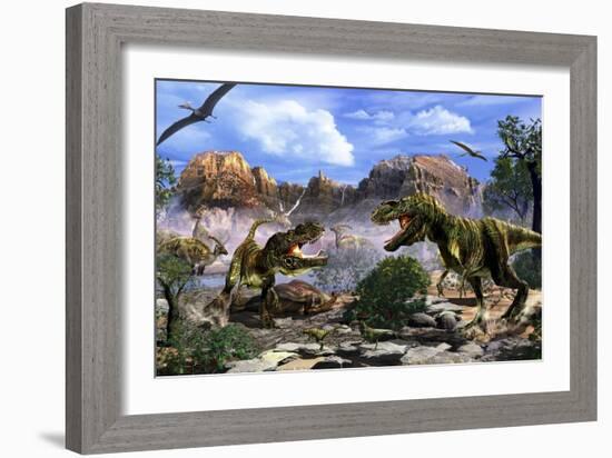 Two T-Rex Dinosaurs Fighting over a Dead Carcass-Stocktrek Images-Framed Art Print