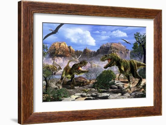 Two T-Rex Dinosaurs Fighting over a Dead Carcass-Stocktrek Images-Framed Art Print