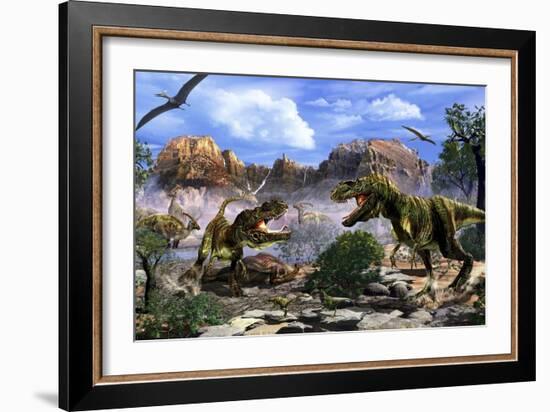 Two T-Rex Dinosaurs Fighting over a Dead Carcass-Stocktrek Images-Framed Art Print