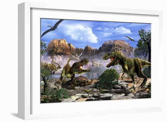 Two T-Rex Dinosaurs Fighting over a Dead Carcass-Stocktrek Images-Framed Art Print