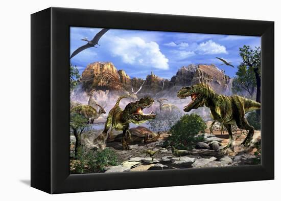 Two T-Rex Dinosaurs Fighting over a Dead Carcass-Stocktrek Images-Framed Stretched Canvas