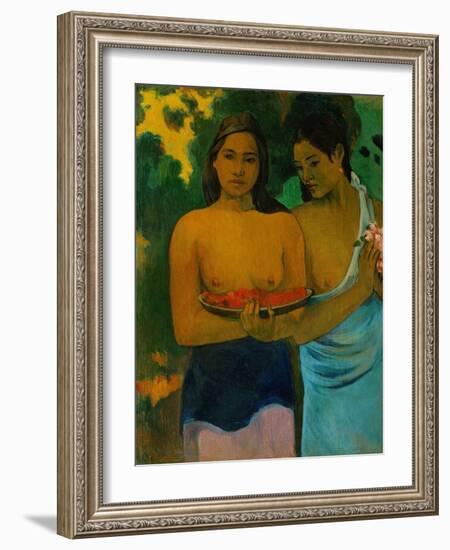 Two Tahitian women offering red fruits and pink flowers. Oil on canvas (1899) 94 x 72.2 cm-Paul Gauguin-Framed Giclee Print