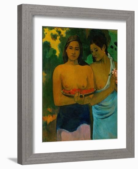 Two Tahitian women offering red fruits and pink flowers. Oil on canvas (1899) 94 x 72.2 cm-Paul Gauguin-Framed Giclee Print