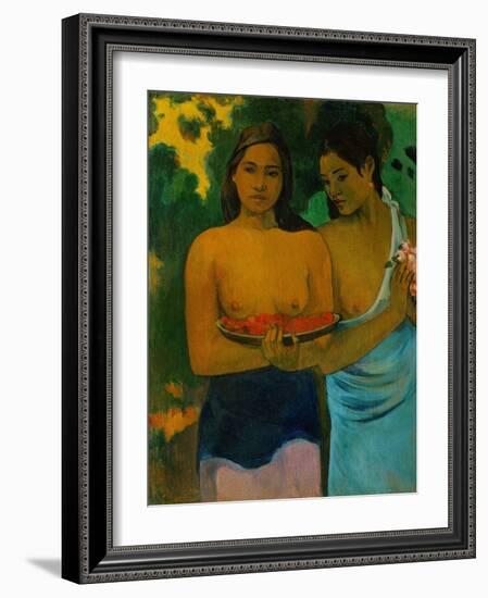 Two Tahitian women offering red fruits and pink flowers. Oil on canvas (1899) 94 x 72.2 cm-Paul Gauguin-Framed Giclee Print