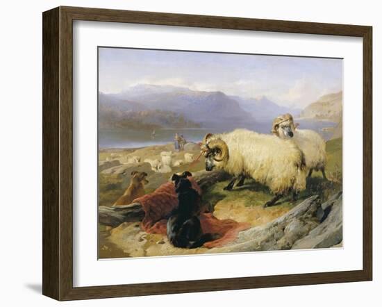 Two Tethered Rams with Coiled Horns Guarded by Two Sheep Dogs in a Mountain Landscape, 19th Century-Edwin Henry Landseer-Framed Giclee Print