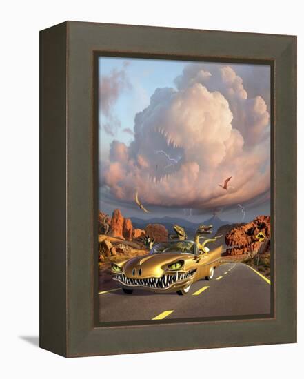 Two Velociraptors in their Scary Car Cruise a Prehistoric Landscape-null-Framed Stretched Canvas