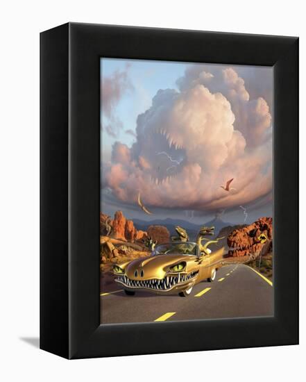 Two Velociraptors in their Scary Car Cruise a Prehistoric Landscape-null-Framed Stretched Canvas