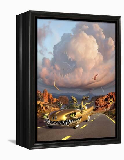 Two Velociraptors in their Scary Car Cruise a Prehistoric Landscape-null-Framed Stretched Canvas