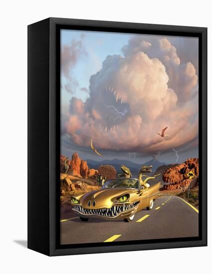 Two Velociraptors in their Scary Car Cruise a Prehistoric Landscape-null-Framed Stretched Canvas