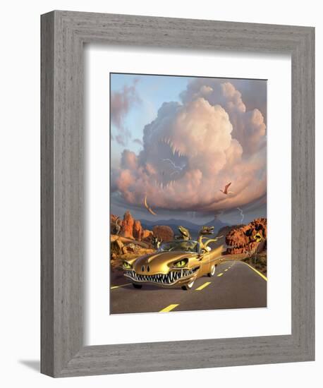 Two Velociraptors in their Scary Car Cruise a Prehistoric Landscape-null-Framed Premium Giclee Print