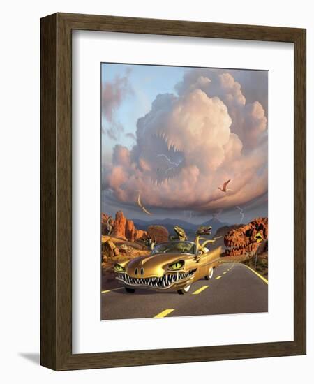 Two Velociraptors in their Scary Car Cruise a Prehistoric Landscape-null-Framed Premium Giclee Print