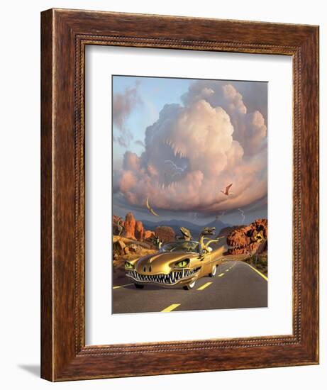 Two Velociraptors in their Scary Car Cruise a Prehistoric Landscape-null-Framed Premium Giclee Print