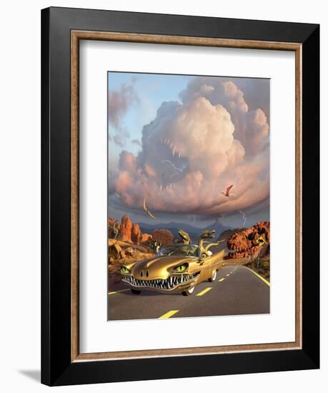 Two Velociraptors in their Scary Car Cruise a Prehistoric Landscape-null-Framed Premium Giclee Print