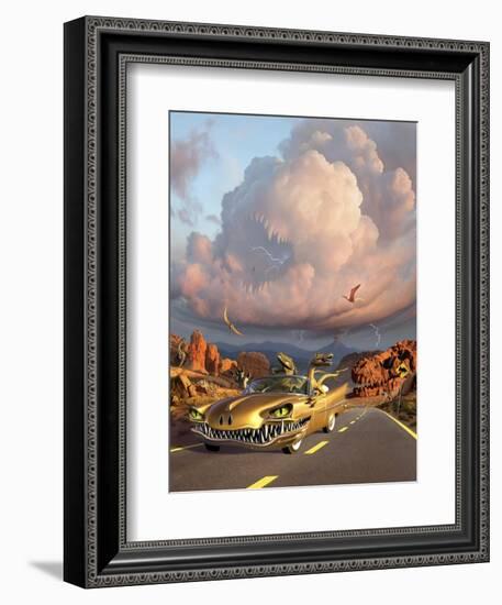 Two Velociraptors in their Scary Car Cruise a Prehistoric Landscape-null-Framed Art Print