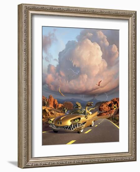 Two Velociraptors in their Scary Car Cruise a Prehistoric Landscape-null-Framed Art Print