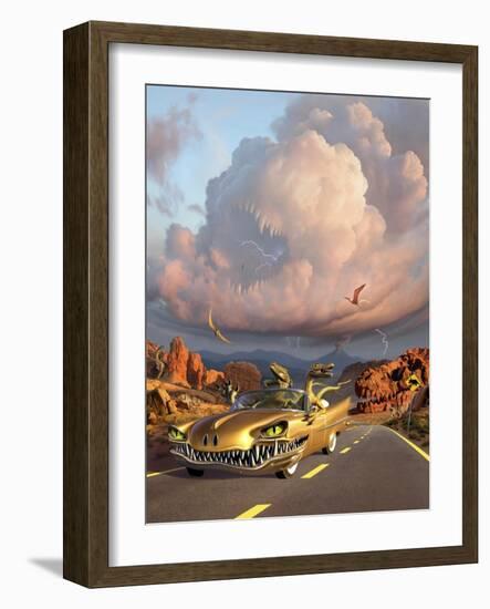 Two Velociraptors in their Scary Car Cruise a Prehistoric Landscape-null-Framed Art Print