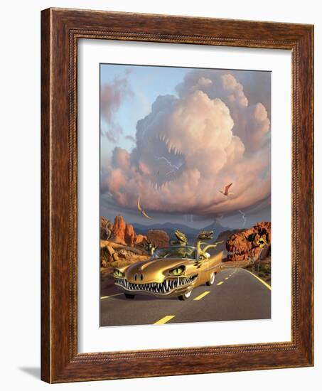 Two Velociraptors in their Scary Car Cruise a Prehistoric Landscape-null-Framed Art Print