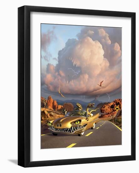 Two Velociraptors in their Scary Car Cruise a Prehistoric Landscape-null-Framed Art Print