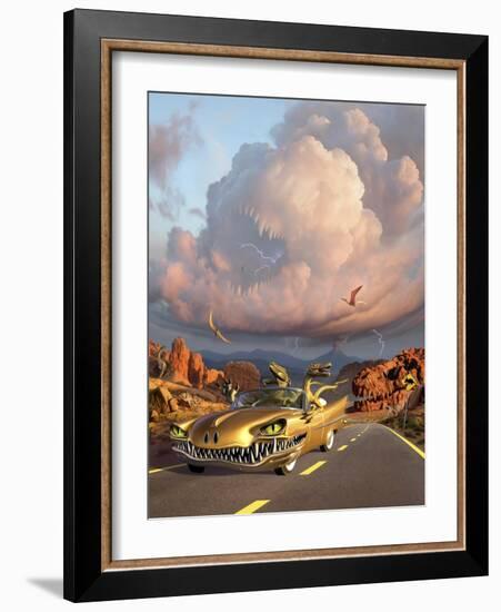 Two Velociraptors in their Scary Car Cruise a Prehistoric Landscape-null-Framed Art Print