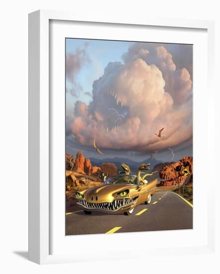 Two Velociraptors in their Scary Car Cruise a Prehistoric Landscape-null-Framed Art Print