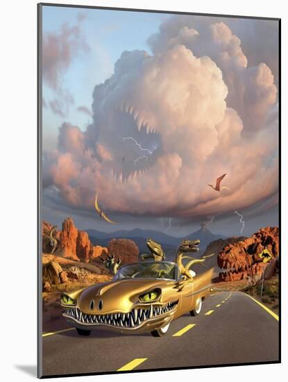 Two Velociraptors in their Scary Car Cruise a Prehistoric Landscape-null-Mounted Art Print