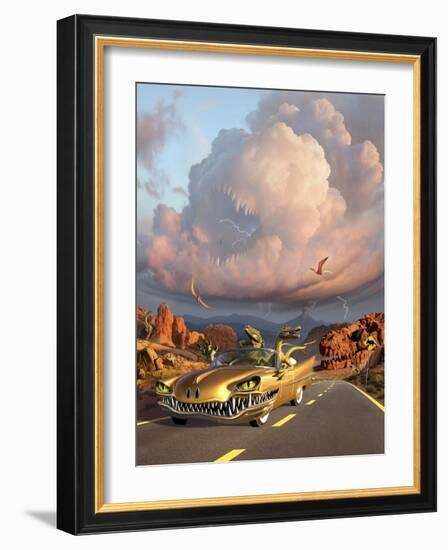 Two Velociraptors in their Scary Car Cruise a Prehistoric Landscape-null-Framed Art Print