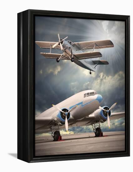 Two Vintage Aircraft On The Runway. Retro Style Picture-Kletr-Framed Stretched Canvas