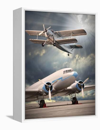 Two Vintage Aircraft On The Runway. Retro Style Picture-Kletr-Framed Stretched Canvas