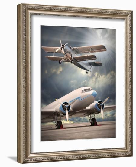 Two Vintage Aircraft On The Runway. Retro Style Picture-Kletr-Framed Art Print