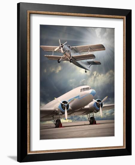 Two Vintage Aircraft On The Runway. Retro Style Picture-Kletr-Framed Art Print