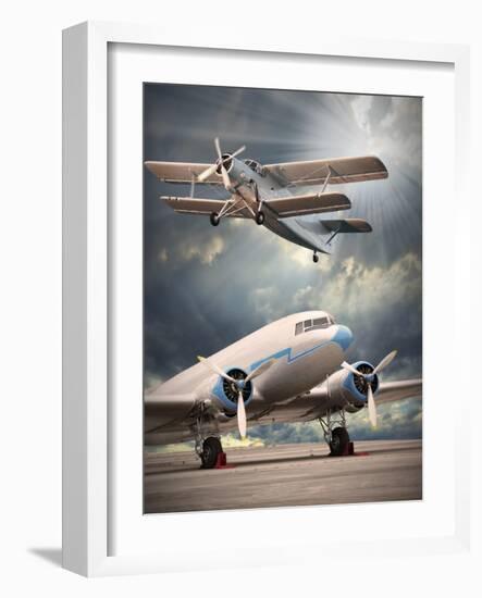 Two Vintage Aircraft On The Runway. Retro Style Picture-Kletr-Framed Art Print