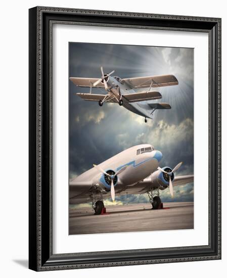Two Vintage Aircraft On The Runway. Retro Style Picture-Kletr-Framed Art Print